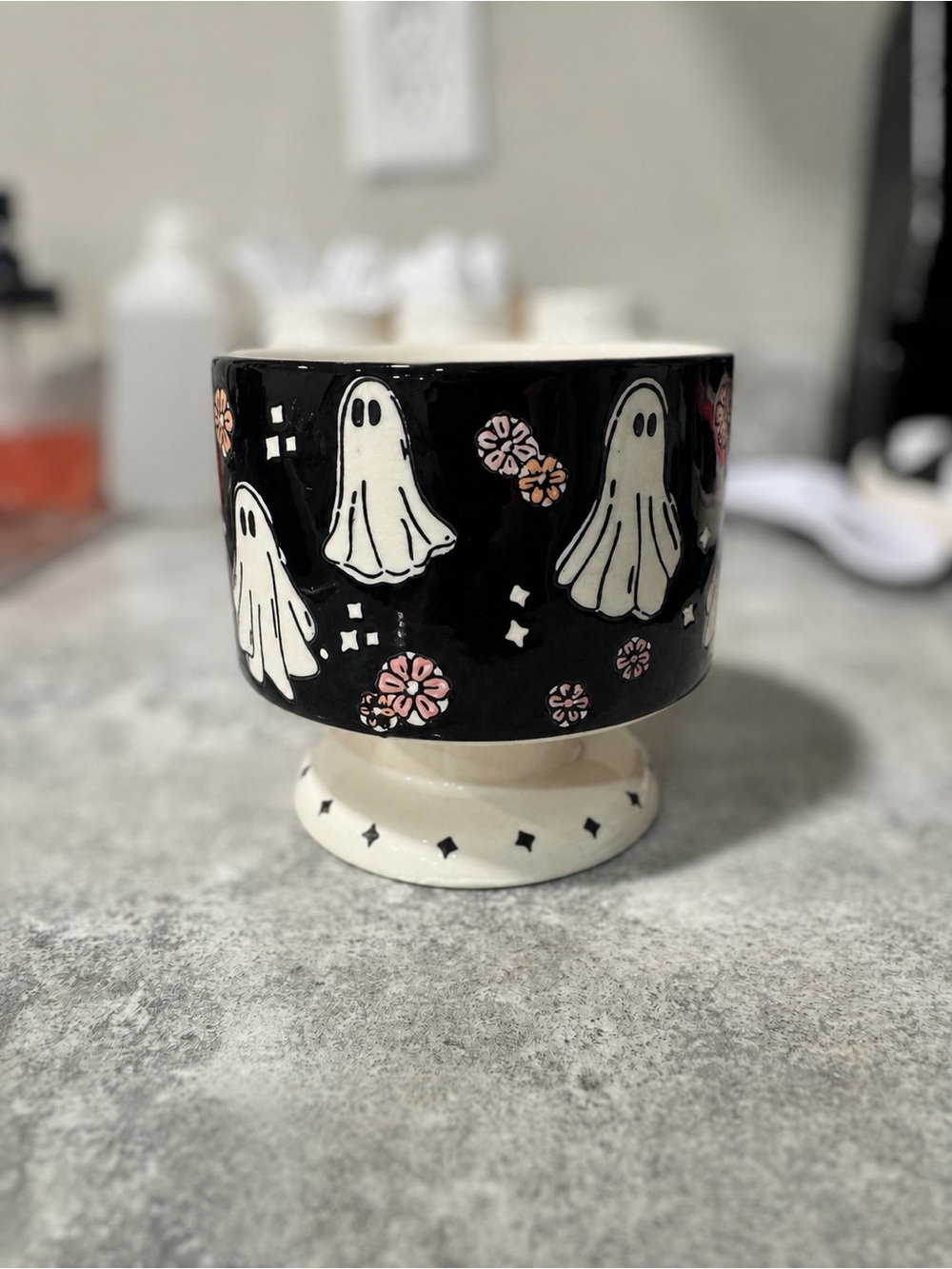 Potter’s Studio - Black Ghost Pedestal Ceramic Bowl with Pink Floral Accents